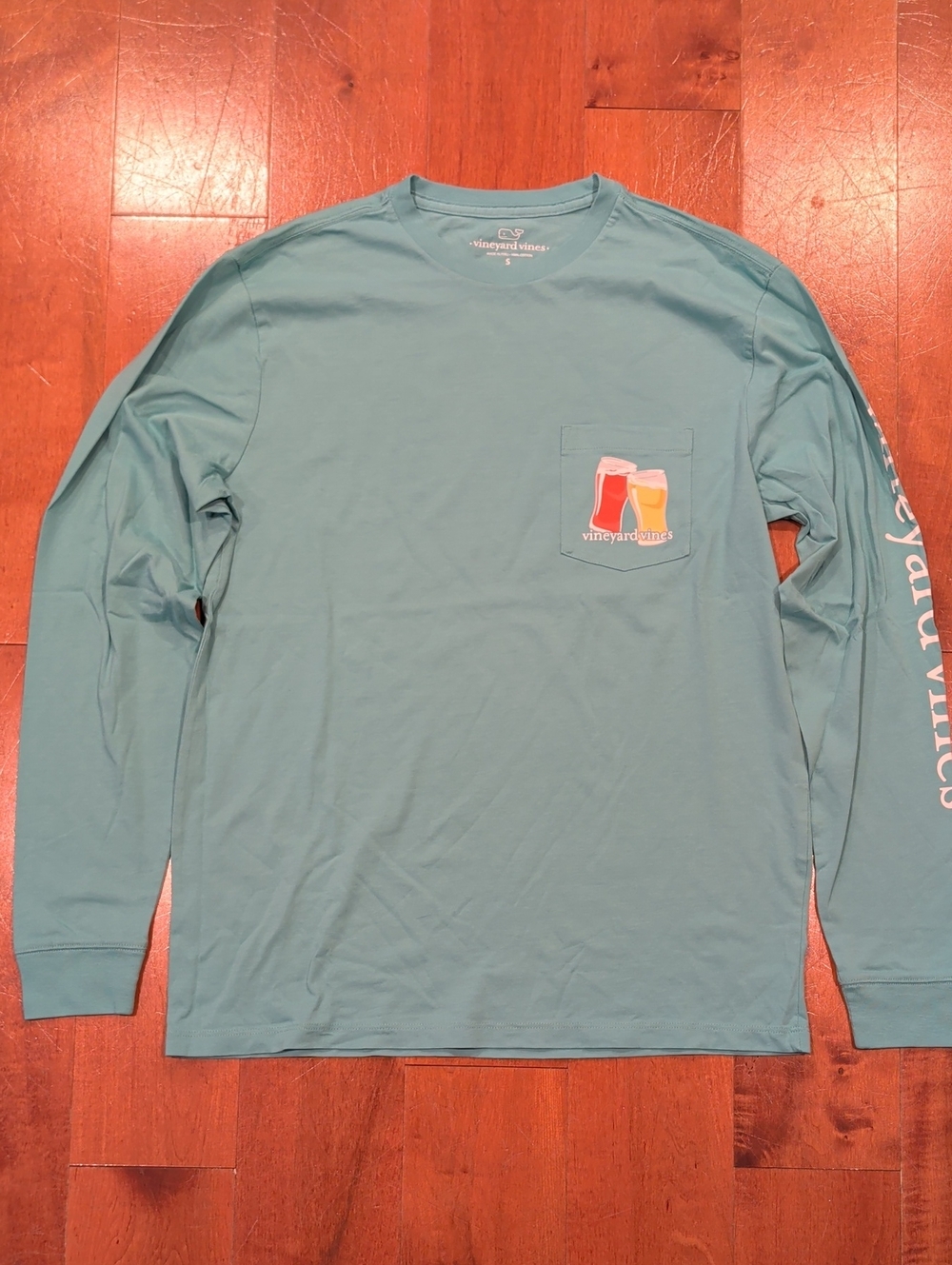 Vineyard Vines Teal Long-Sleeve Pocket Tee with Colorful Drink Graphic